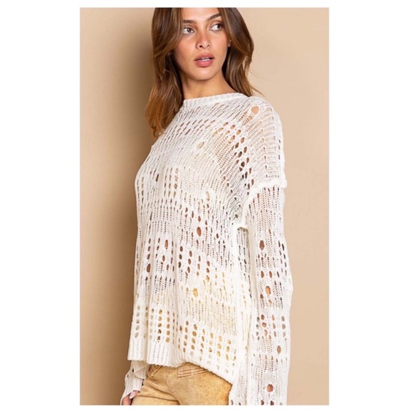 New Beautiful POL Crochet Detail Oversized Ivory Lightweight Sweater - Picture 4 of 7